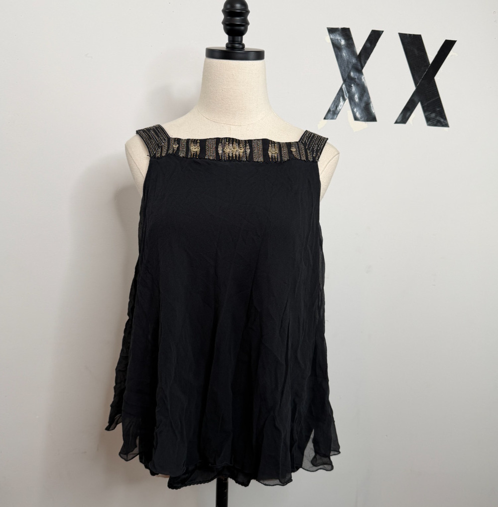 Elie Tahari Black 100% Silk Metallic Sequin Snap Collar Open Back Babydoll Top M